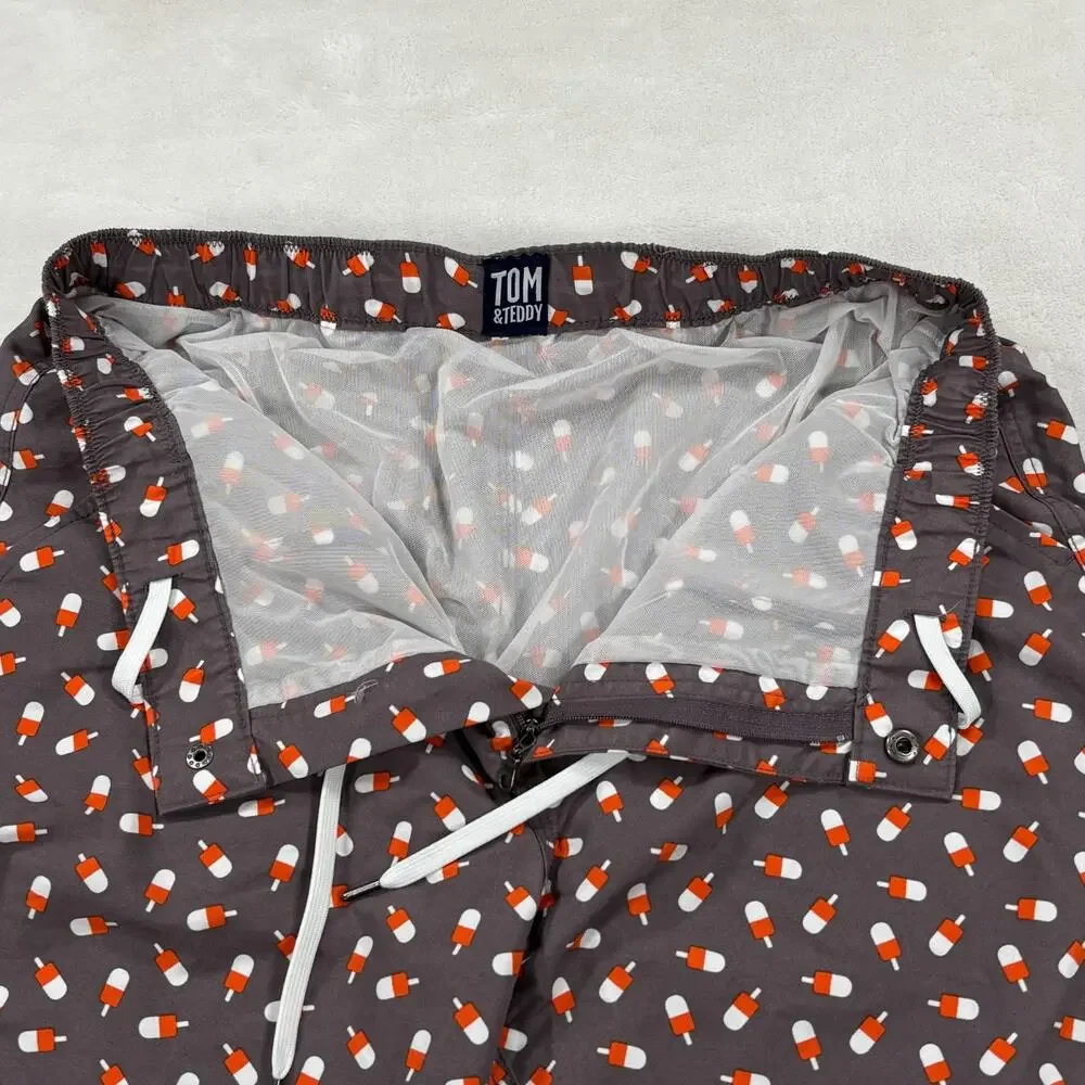Tom & Teddy Mens Swim Shorts Grey Orange Popsicle Print Drawstring Mesh Lined M