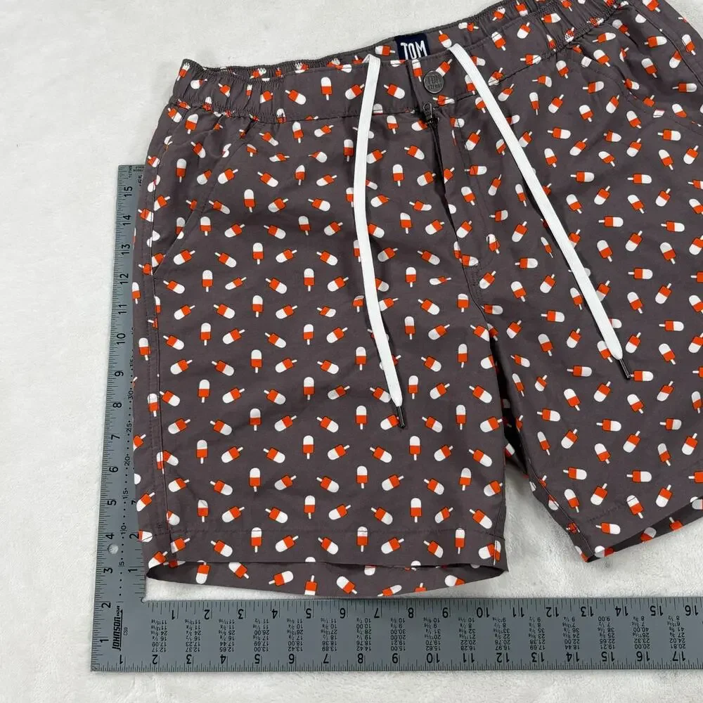 Tom & Teddy Mens Swim Shorts Grey Orange Popsicle Print Drawstring Mesh Lined M