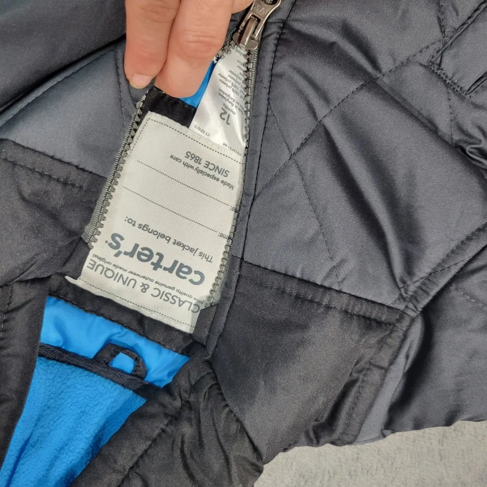 Carters Puffer Jacket Baby Boys 12M Gray Blue Hooded Quilted Adventure Gear Coat