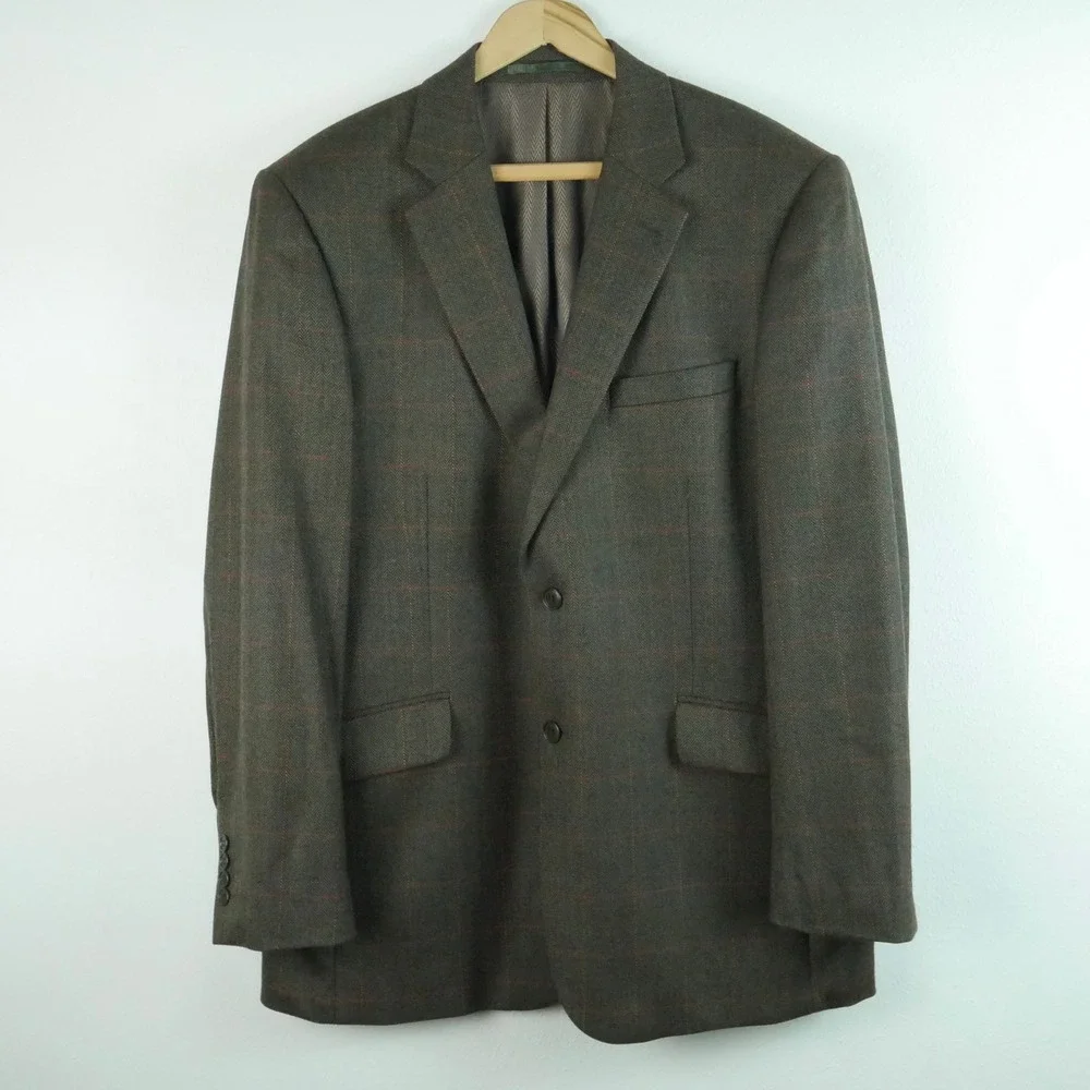 Brook Taverner 42R Wool Blazer Tweed Olive Green Herringbone Windowpane Jacket