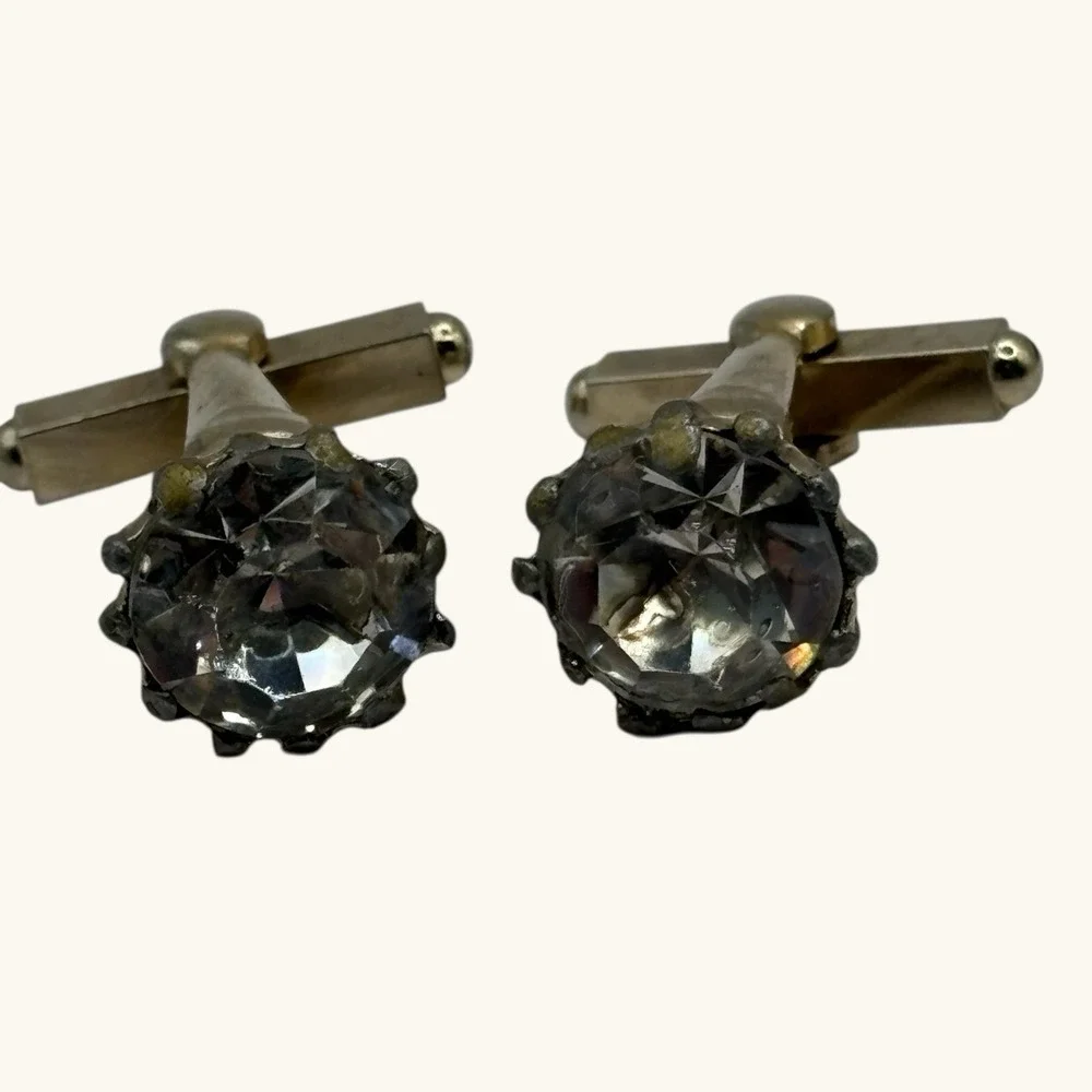 Vintage Cufflinks Large Faceted Crystal Prong Set Gold Tone Formal Suit‎ READ