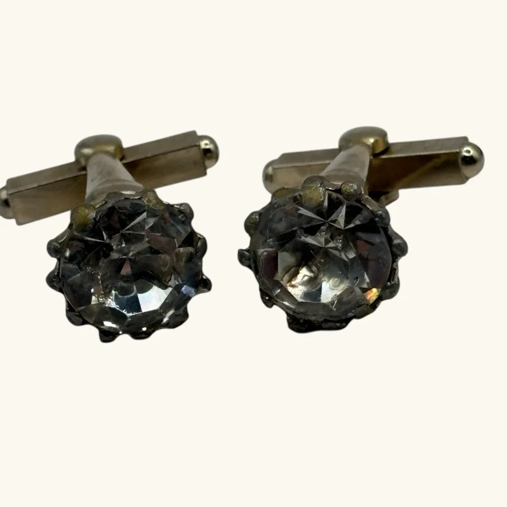 Vintage Cufflinks Large Faceted Crystal Prong Set Gold Tone Formal Suit‎ READ