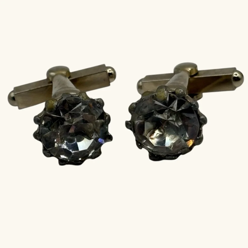 Vintage Cufflinks Large Faceted Crystal Prong Set Gold Tone Formal Suit‎ READ