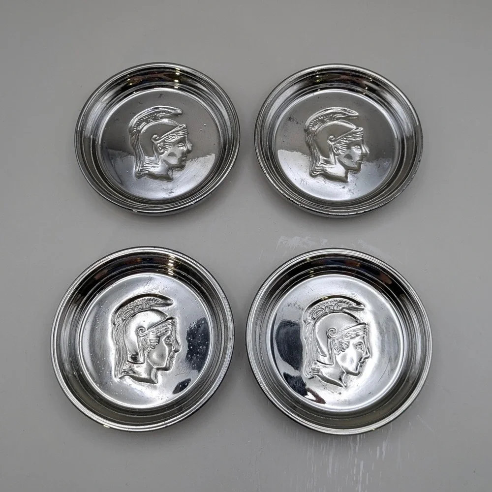 Vintage Chrome Trojan Spartan Warrior Head MCM Mercury Glass Coasters Set of 4