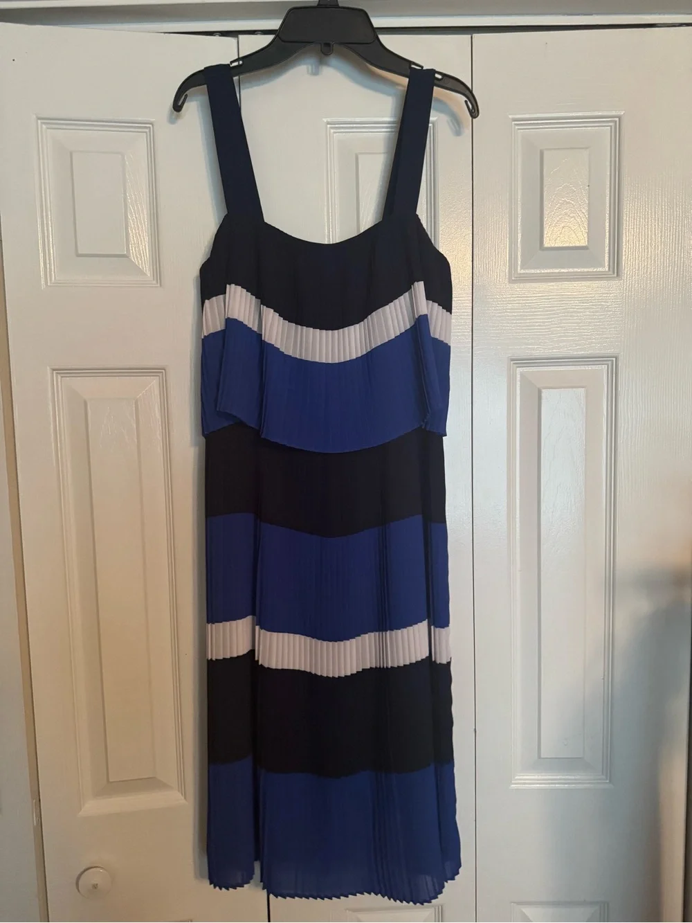 Michael Kors Blue & White Striped Pleated Midi Dress