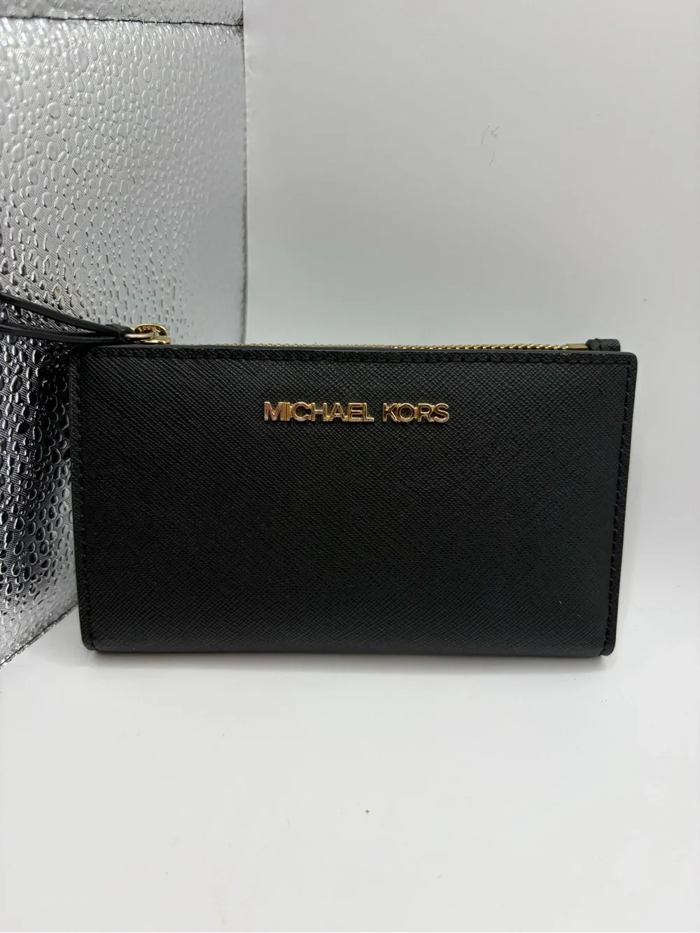 Michael Kors Black Wallet with Gold Logo Zip Top
