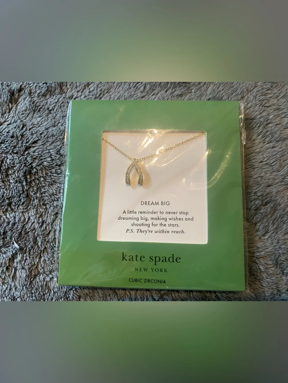 Kate Spade Gold Tone Wishbone “Dream Big” Pendant Necklace with Clear Stones $68