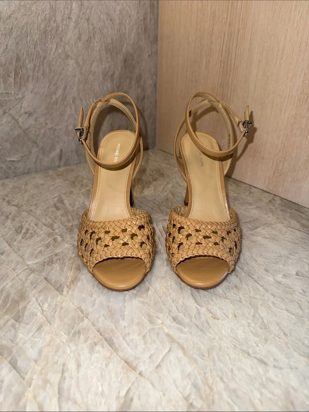 Michael Kors Tan Woven Ankle-Strap Heels