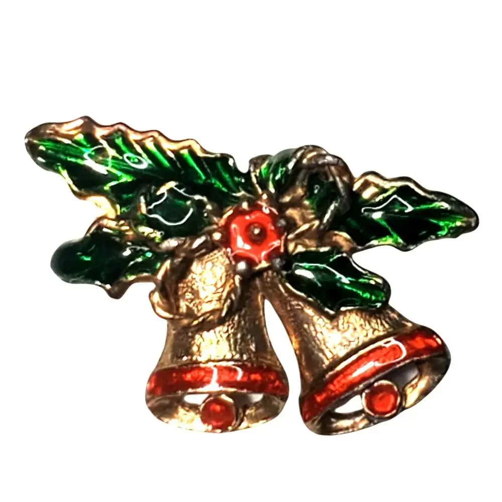 Enamel Holly Double Bells Bow Vtg Unsigned Gold Tone Brooch Pin 1