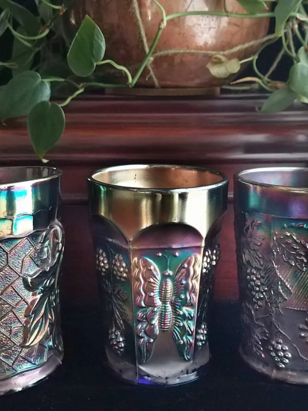 Collection of 3 Antique Dugan & Fenton Amethyst Cobalt Carnival Glass Tumblers