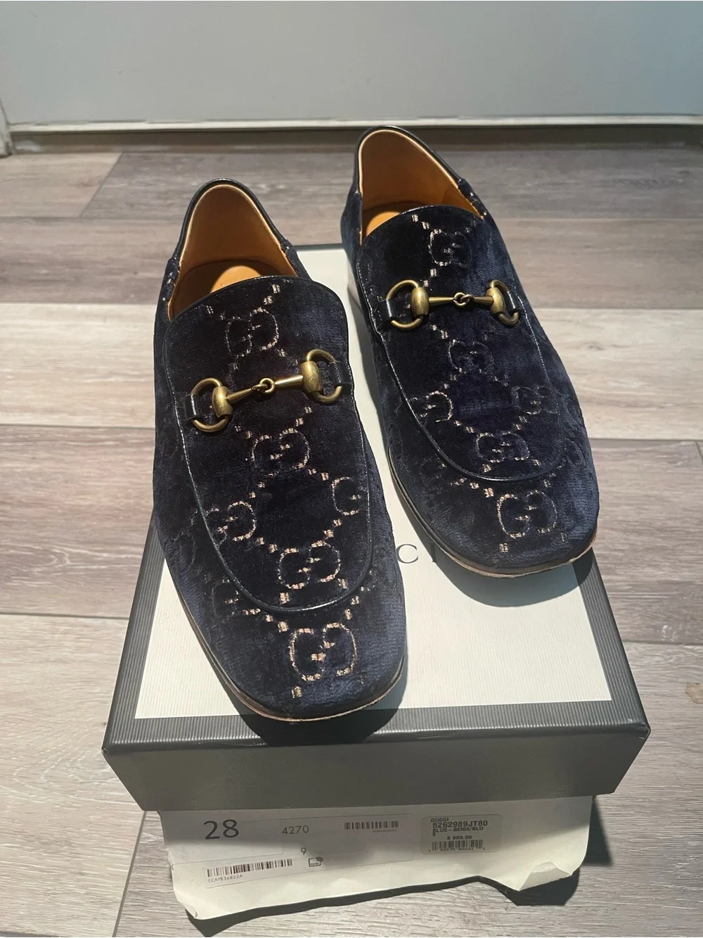 Gucci Navy Velvet Horsebit Slip-On Loafers