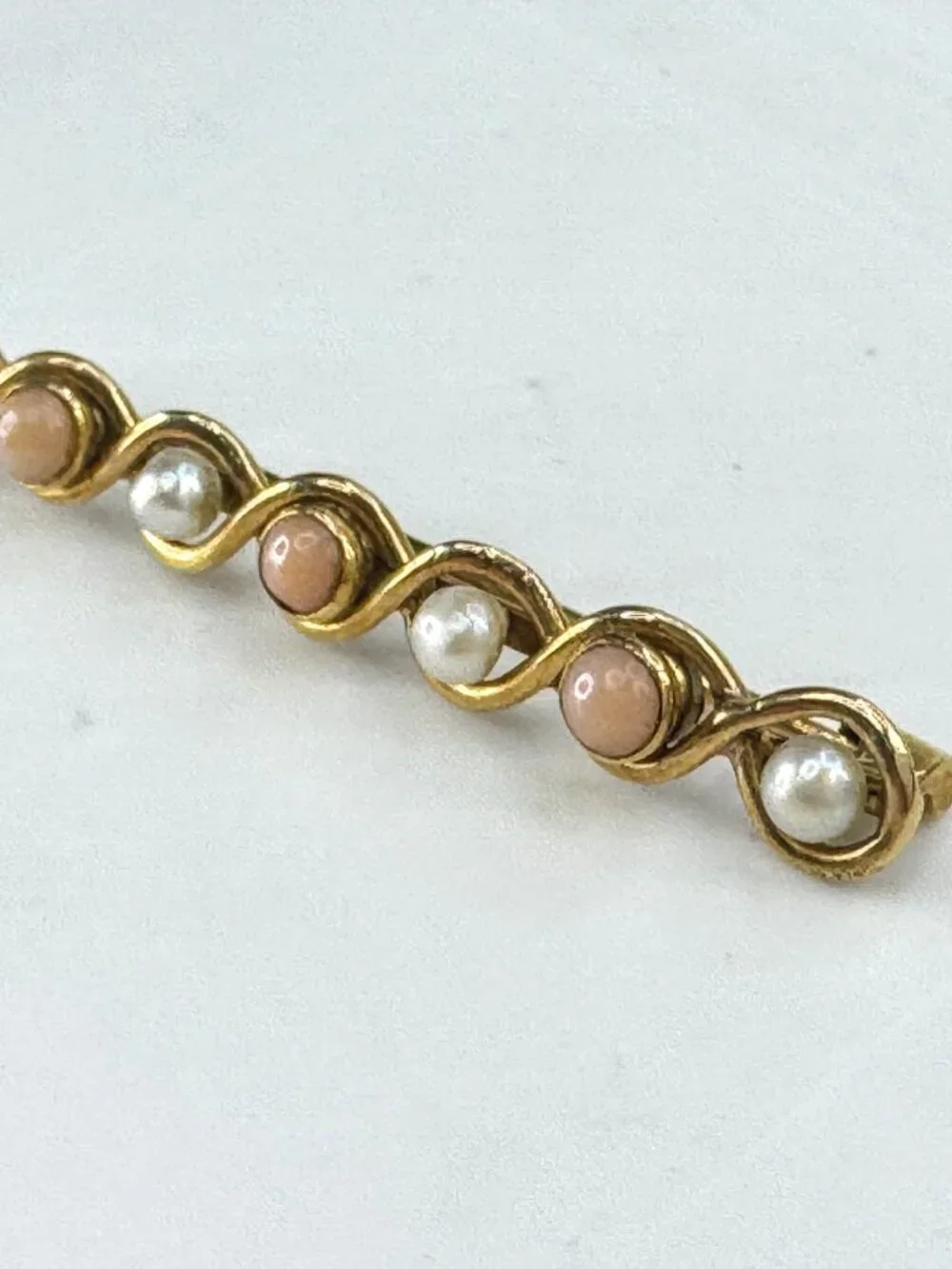 Antique 14K yellow Gold Coral Pearl Infinity bar brooch  1 5/8