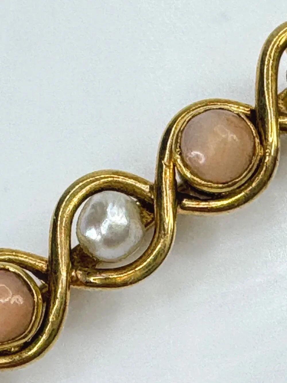 Antique 14K yellow Gold Coral Pearl Infinity bar brooch  1 5/8
