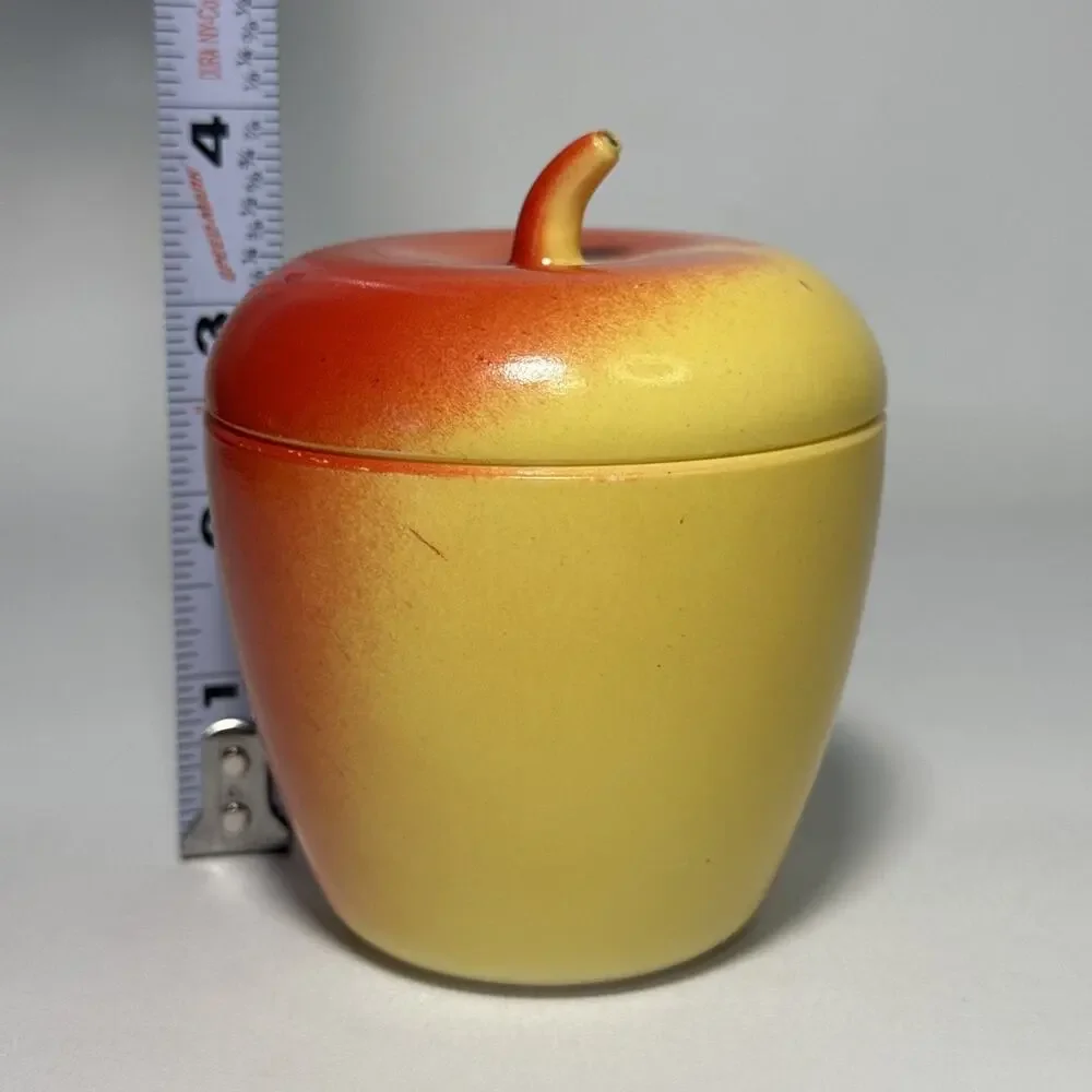 Vtg Hazel Atlas Red & Yellow Apple Shaped Sugar Bowl Jam Jelly Jar W/Stem Lid