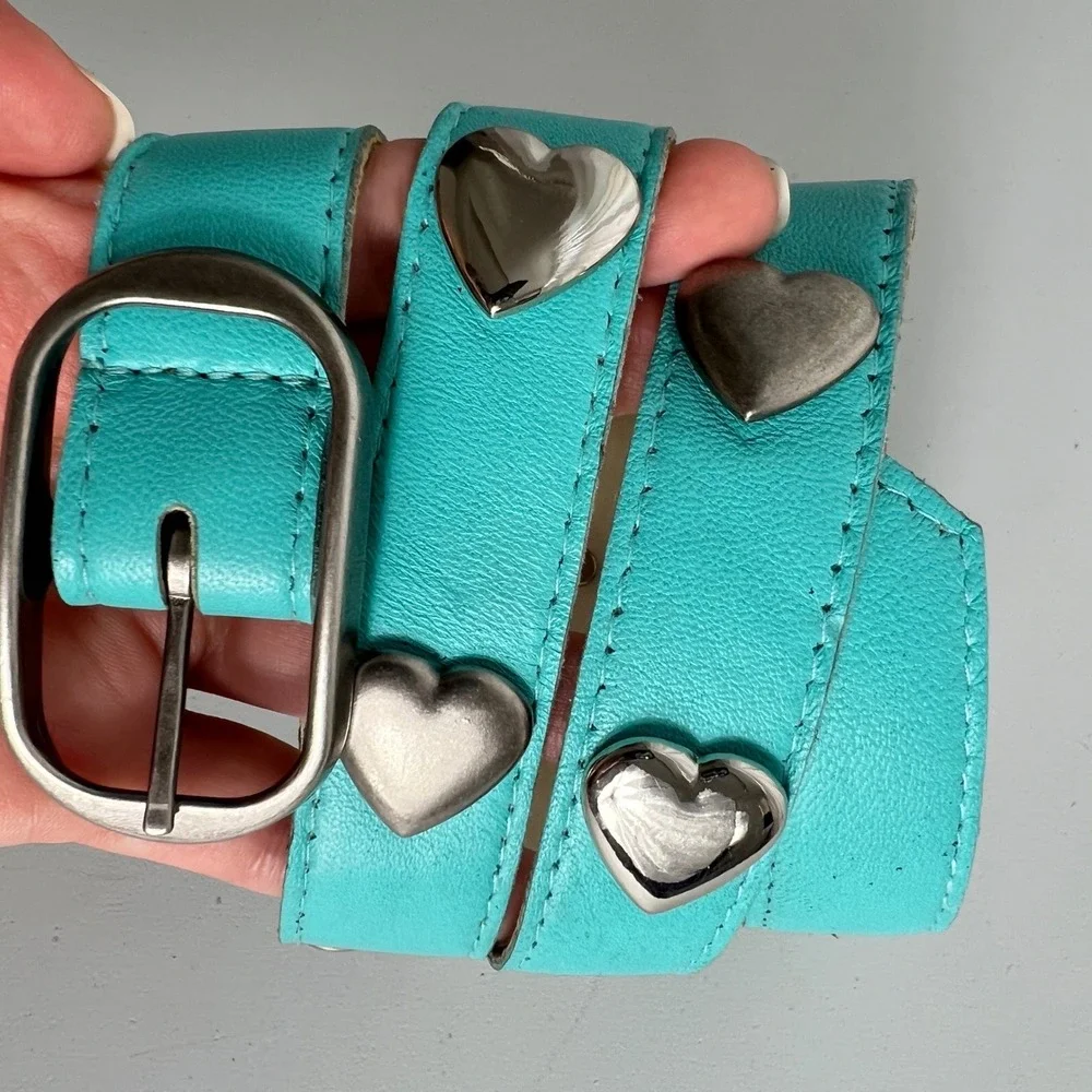 Vintage‎ Y2K Aqua Blue Faux Leather Heart Studded Belt Silver Buckle Turquoise
