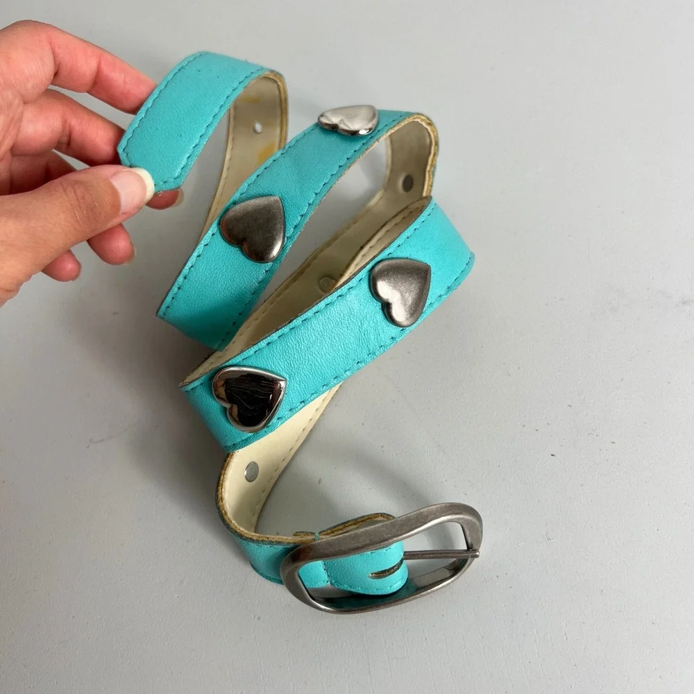 Vintage‎ Y2K Aqua Blue Faux Leather Heart Studded Belt Silver Buckle Turquoise