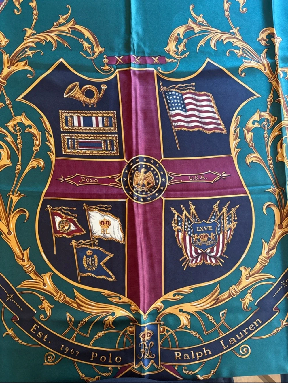 Vintage Polo Ralph Lauren Heraldic Silk Scarf - Teal, Navy, Gold, Burgundy