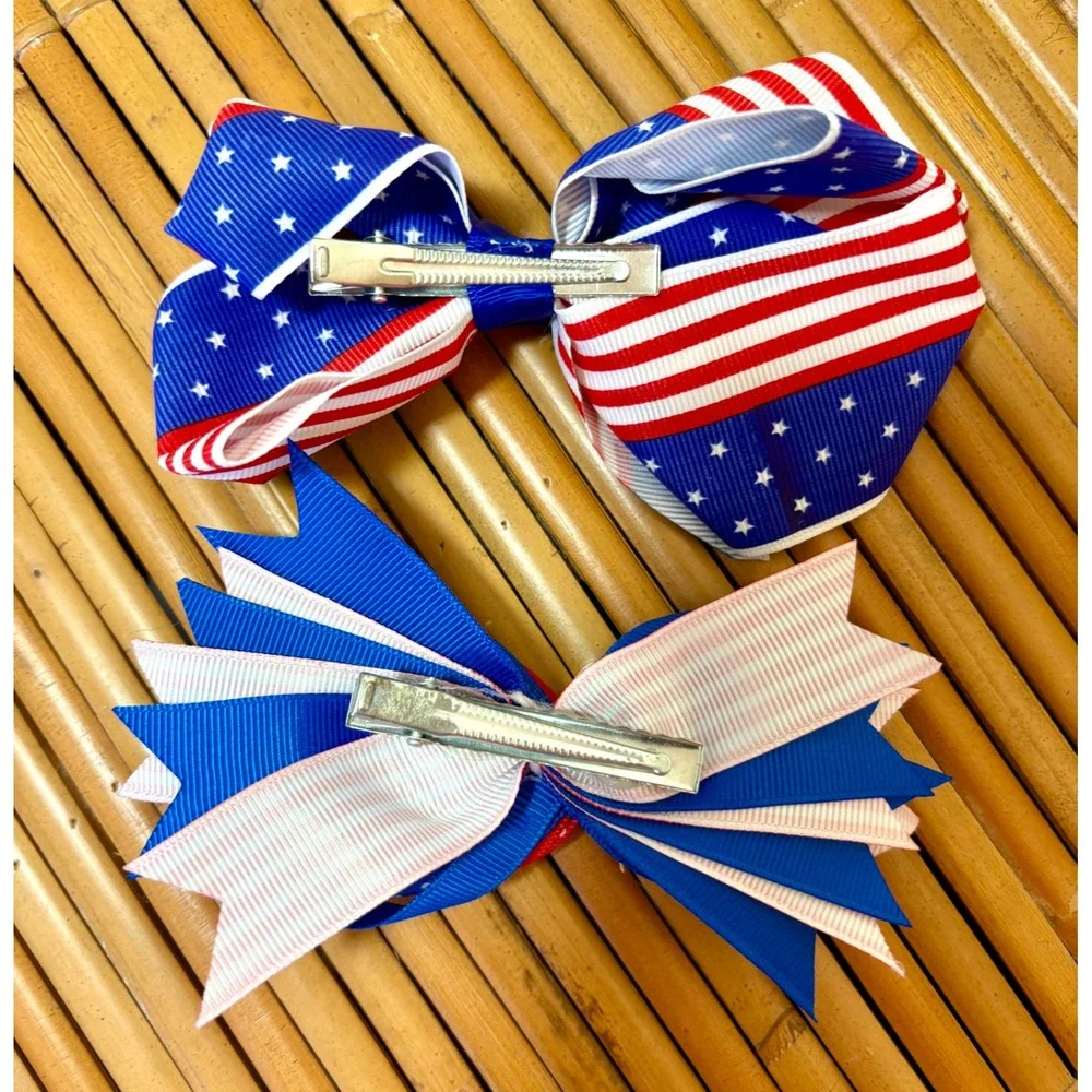 4th of July Hair Bows Set 2pc Patriotic Stars Stripes Red White Blue Clips Kids