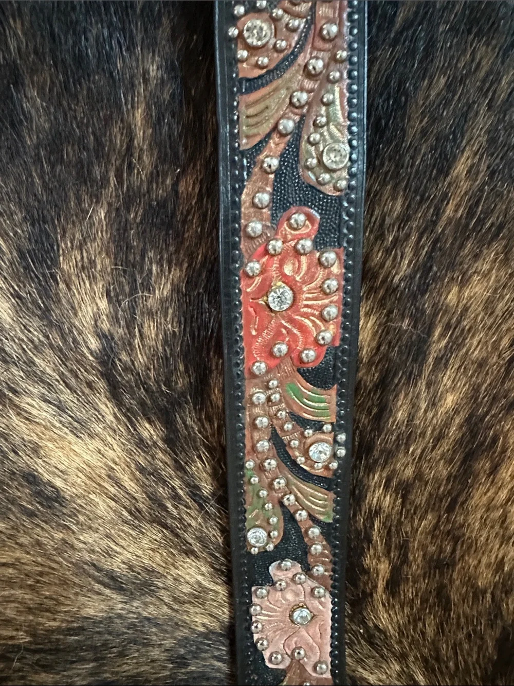 Vintage Nocona Leather Floral Belt With Studs & Rhinestones, Multicolor Flowers