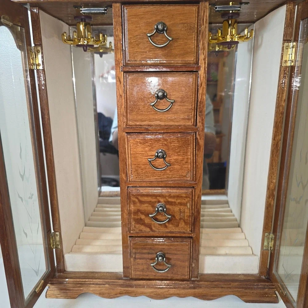 Vtg Wooden Jewelry Armoire Box 5 Drawers Etched Glass Doors Necklace Carousel