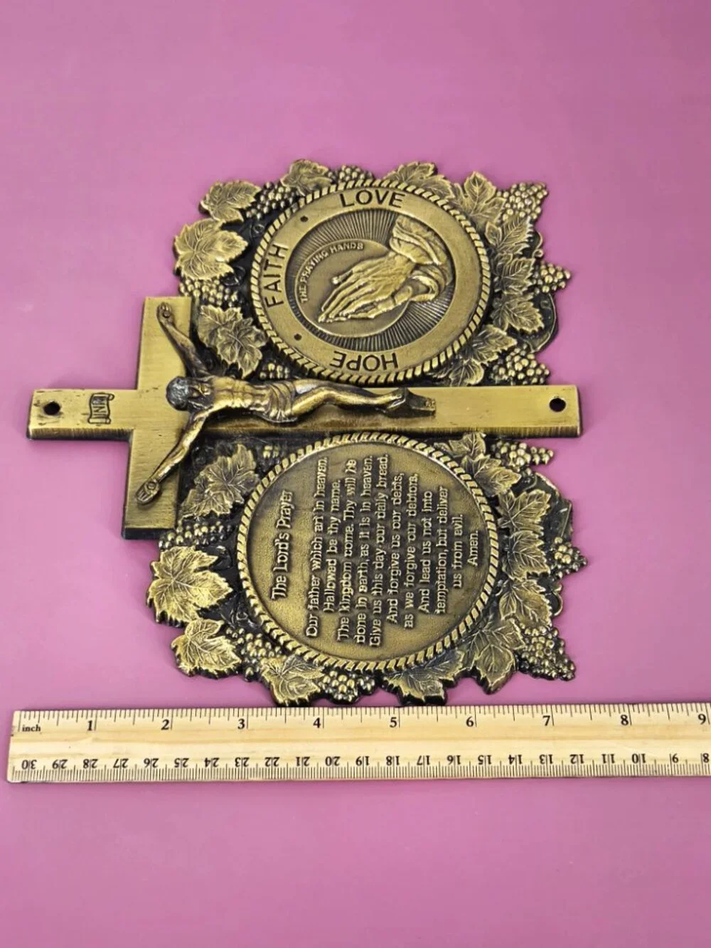 Antique Brass VTG Christian Crucifix Lord's Prayer Praying Hands Wall Plaque 9