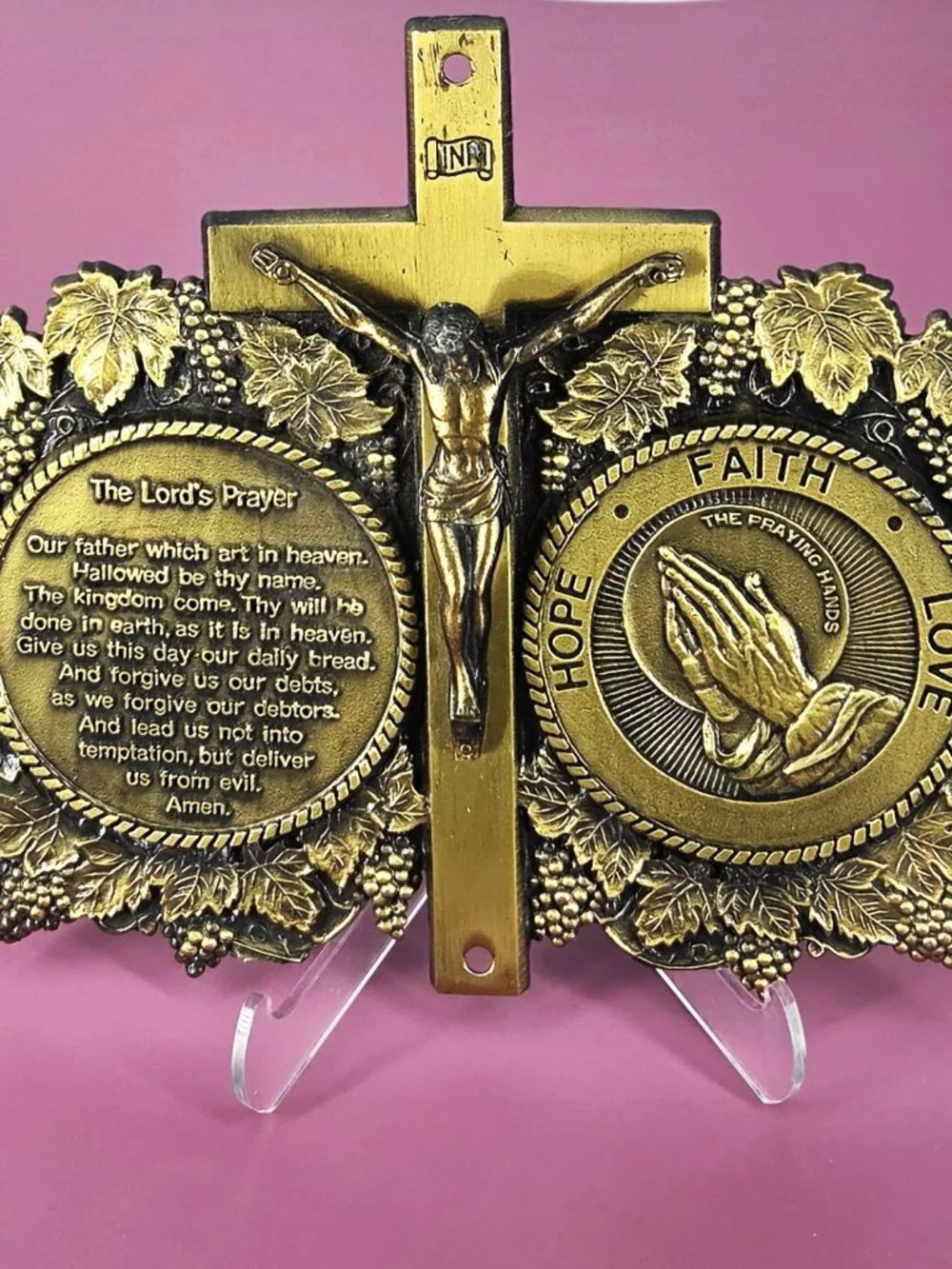 Antique Brass VTG Christian Crucifix Lord's Prayer Praying Hands Wall Plaque 9