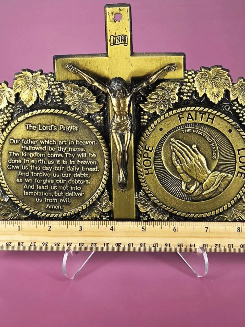 Antique Brass VTG Christian Crucifix Lord's Prayer Praying Hands Wall Plaque 9