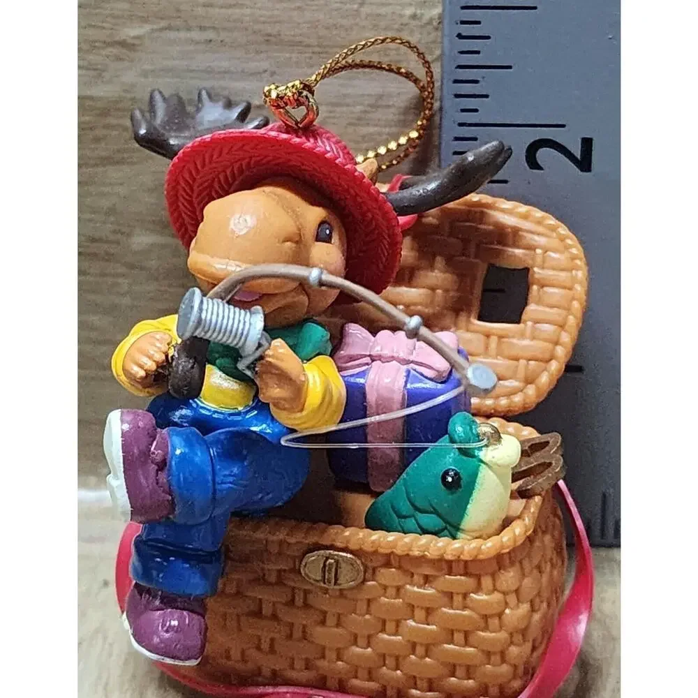 Trim A Home Moose Fishing With Creel Fish Reel Christmas Ornament Lustre Fame 95