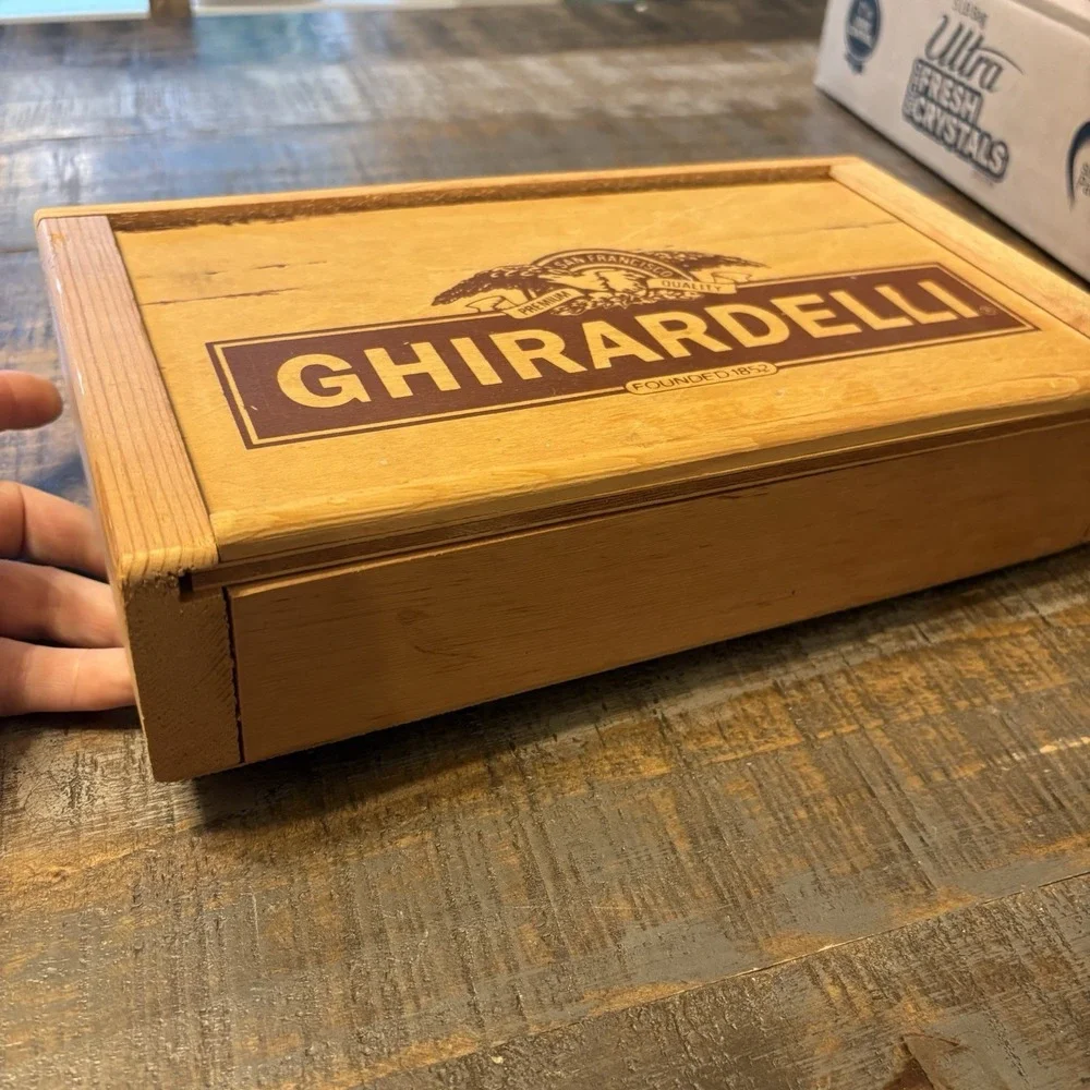 Vintage Ghirardelli Chocolate Wooden Box Slide Opening Pine Candy Logo