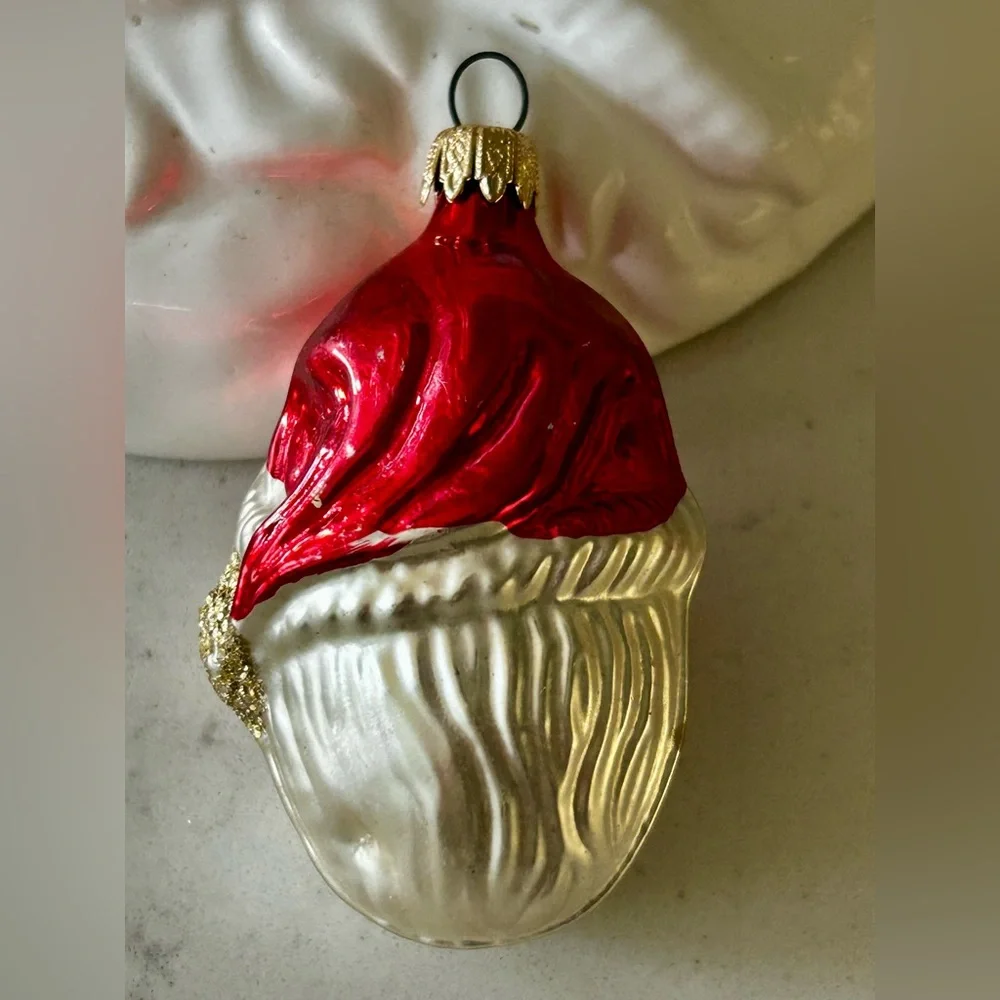 Vintage Santa Claus Head Glass Ornament - Red and White
