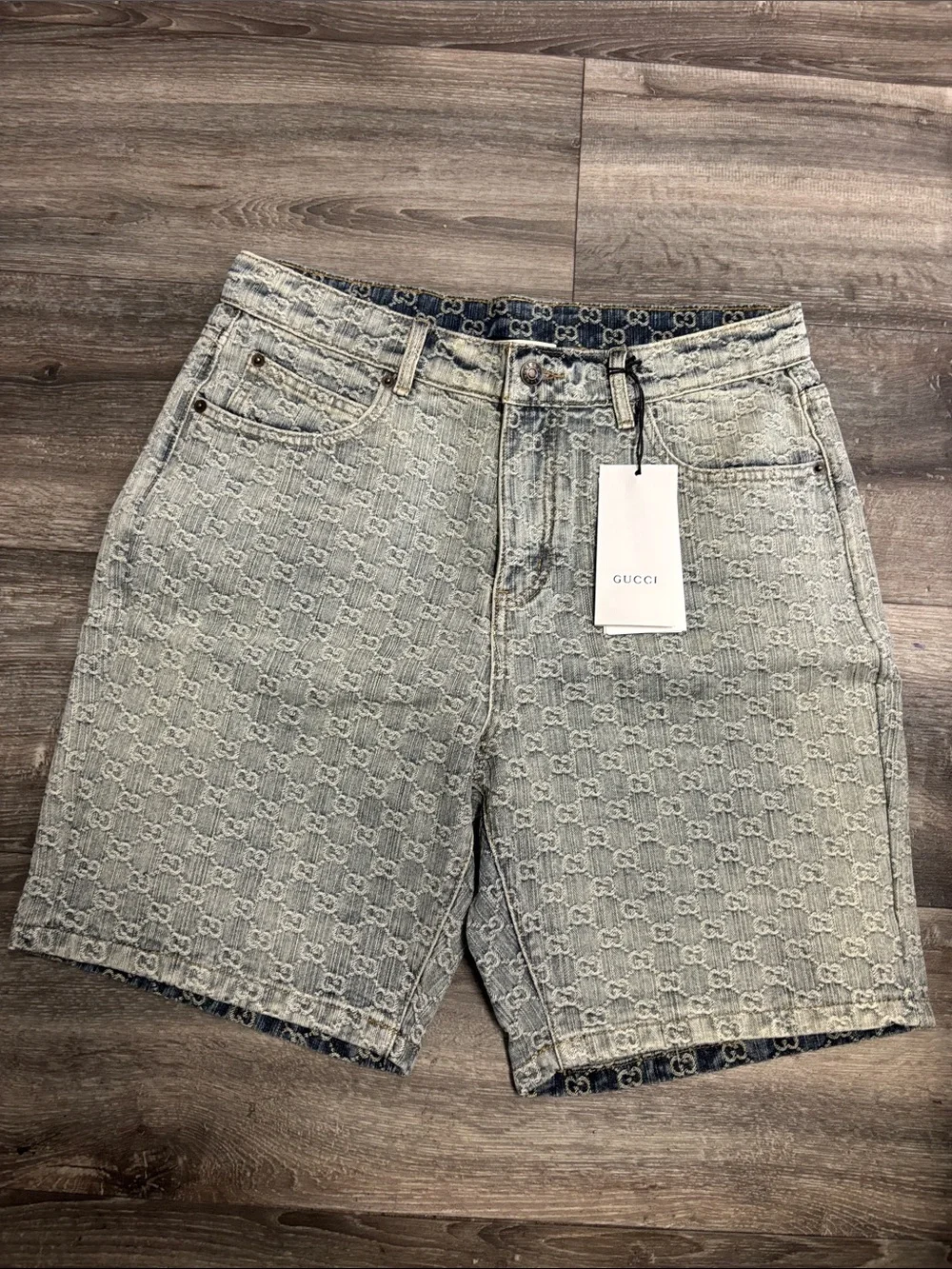 Gucci Light Blue GG Jacquard Denim Shorts, sz 30