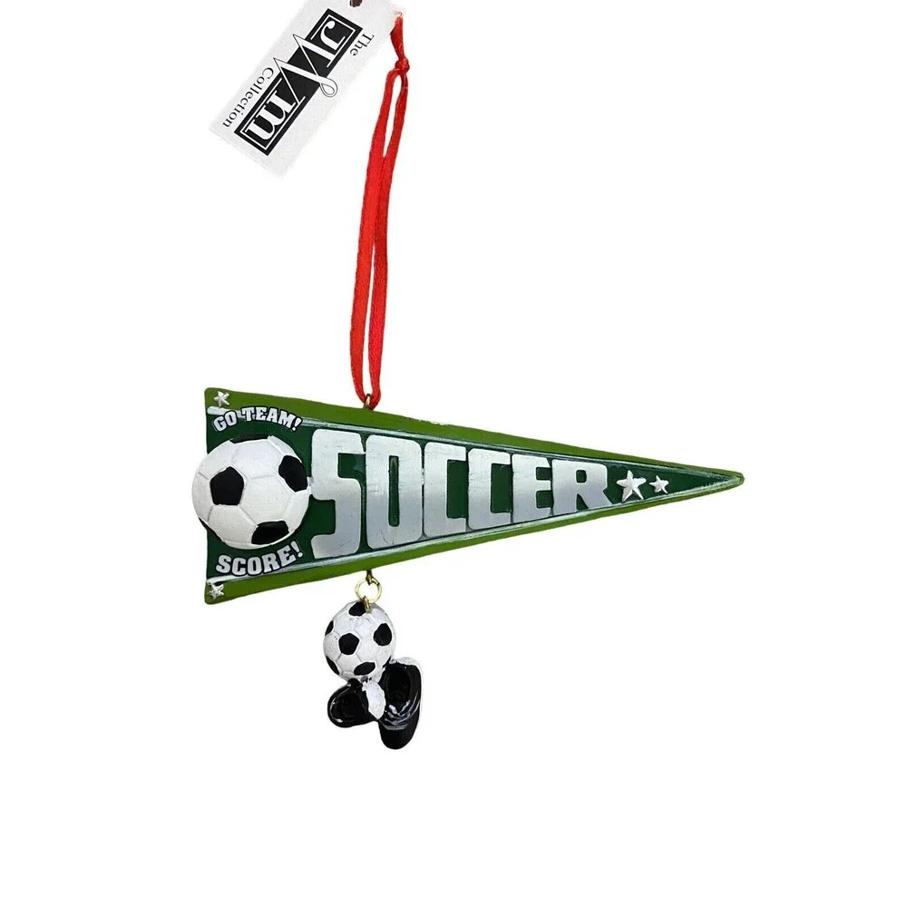 The JWM Collection  Christmas Ornament Green and White Soccer Player Pennant