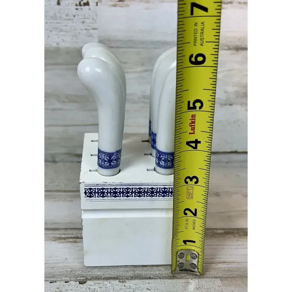 Vintage Blue White Ceramic Cheese Spreader Knife Set w/ Wood Block Japan 4 Pc