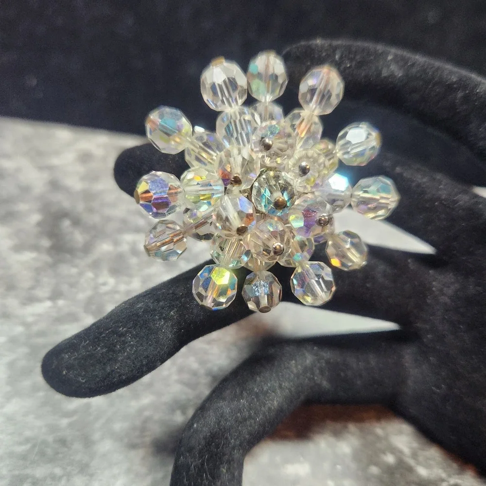 Vintage Aurora Borealis Crystal Bead Snowflake Brooch Silver Tone Iridescent