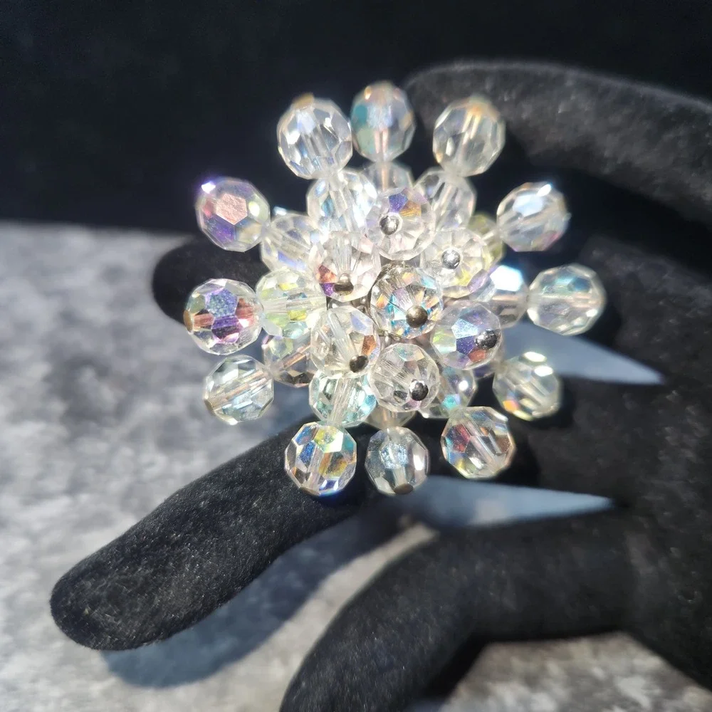 Vintage Aurora Borealis Crystal Bead Snowflake Brooch Silver Tone Iridescent