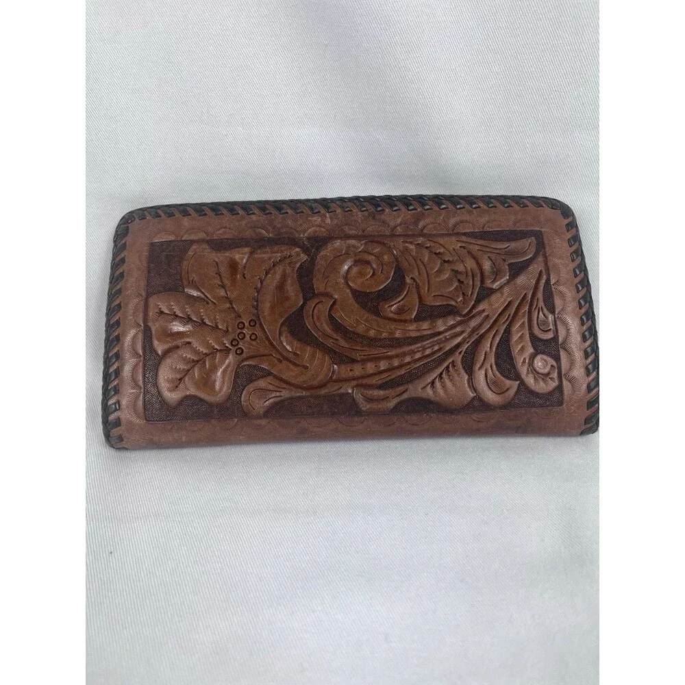 Tooled Brown Leather Unisex Money Wallet Card Checkbook Holder Floral Acorns Vtg