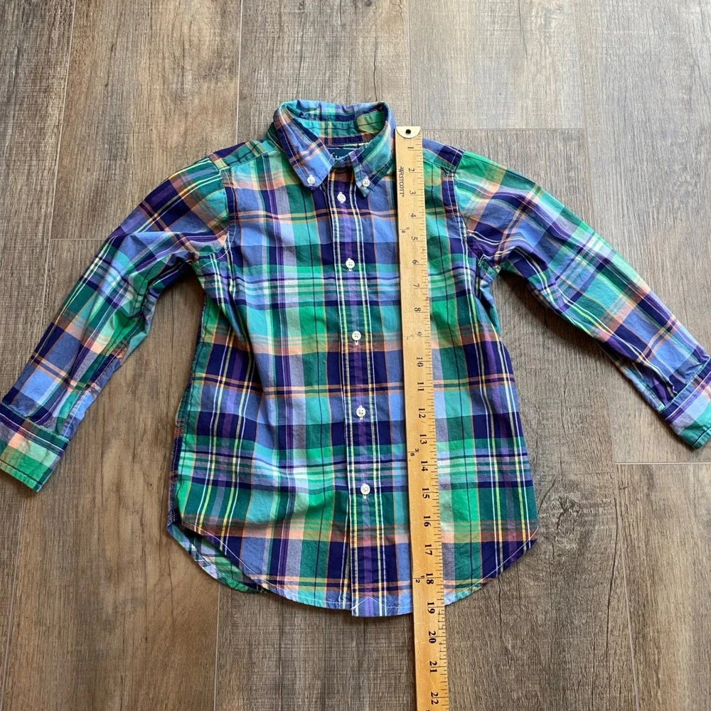 Ralph Lauren Boys Green Blue Plaid Long Sleeve Button Down Shirt Size 4 Toddler