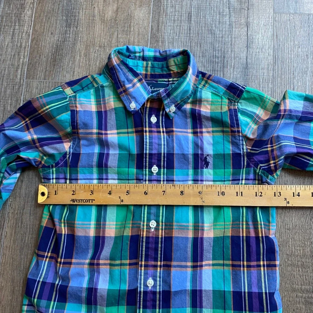 Ralph Lauren Boys Green Blue Plaid Long Sleeve Button Down Shirt Size 4 Toddler