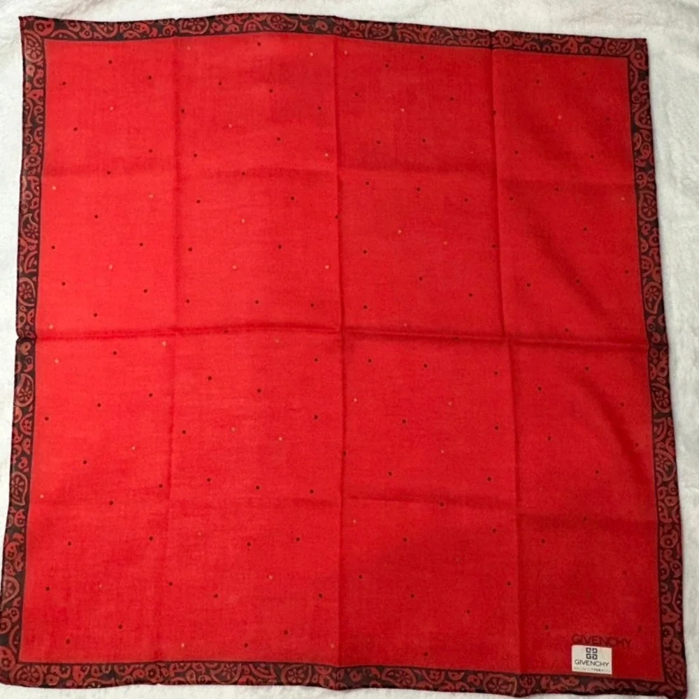 Vtg GIVENCHY Scarf Handkerchief Polka Dot Paisley Cotton Red 17.5