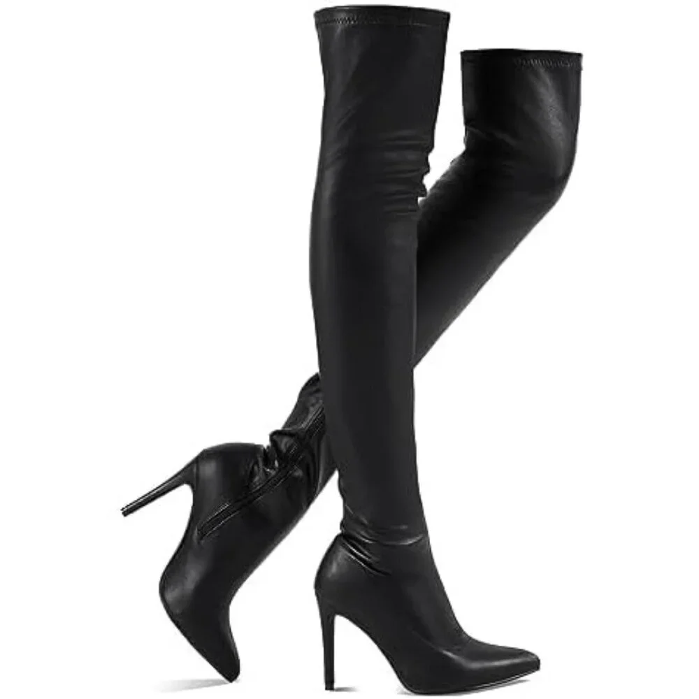 Women Pu Black Polyurethane Over The Knee High Stretchy Leather Thigh High Boots