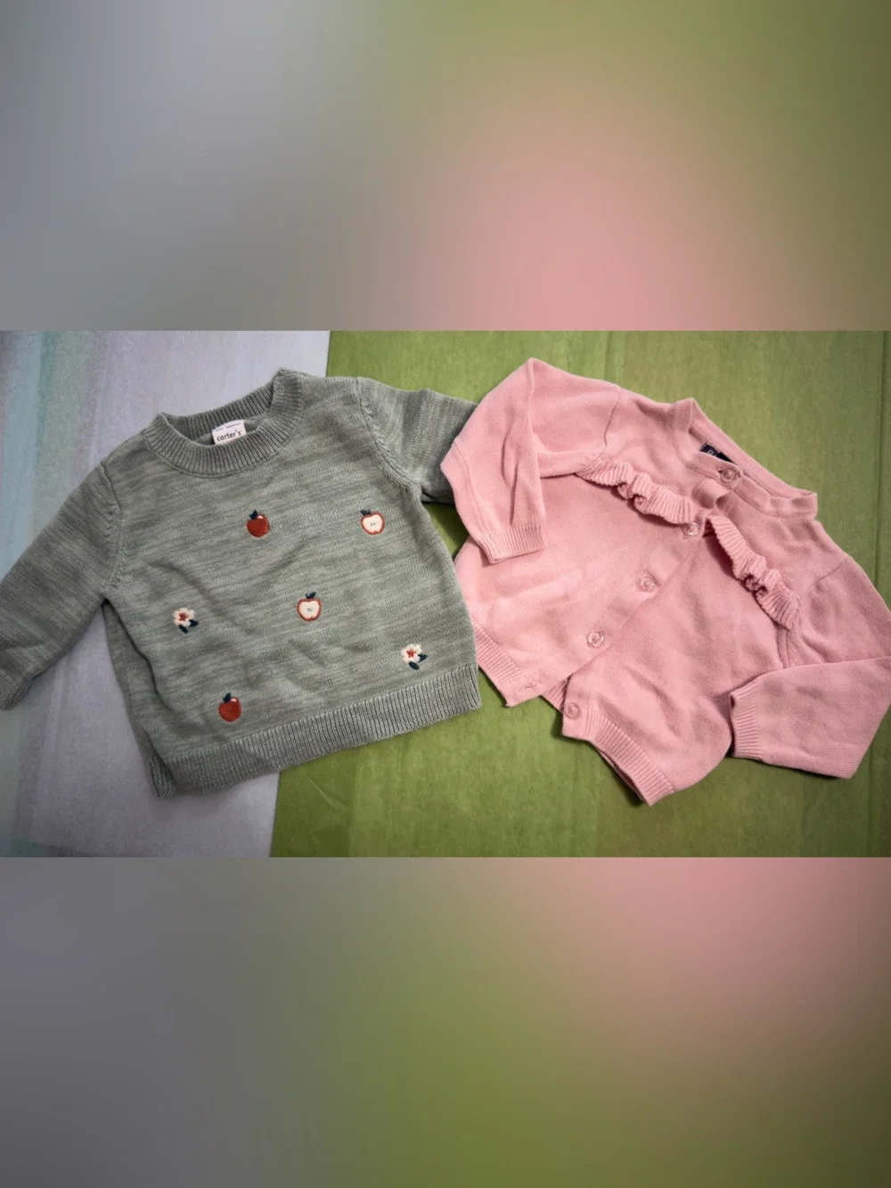 Carter's Green Apple Knit Sweater & Pink Ruffle Cardigan Set