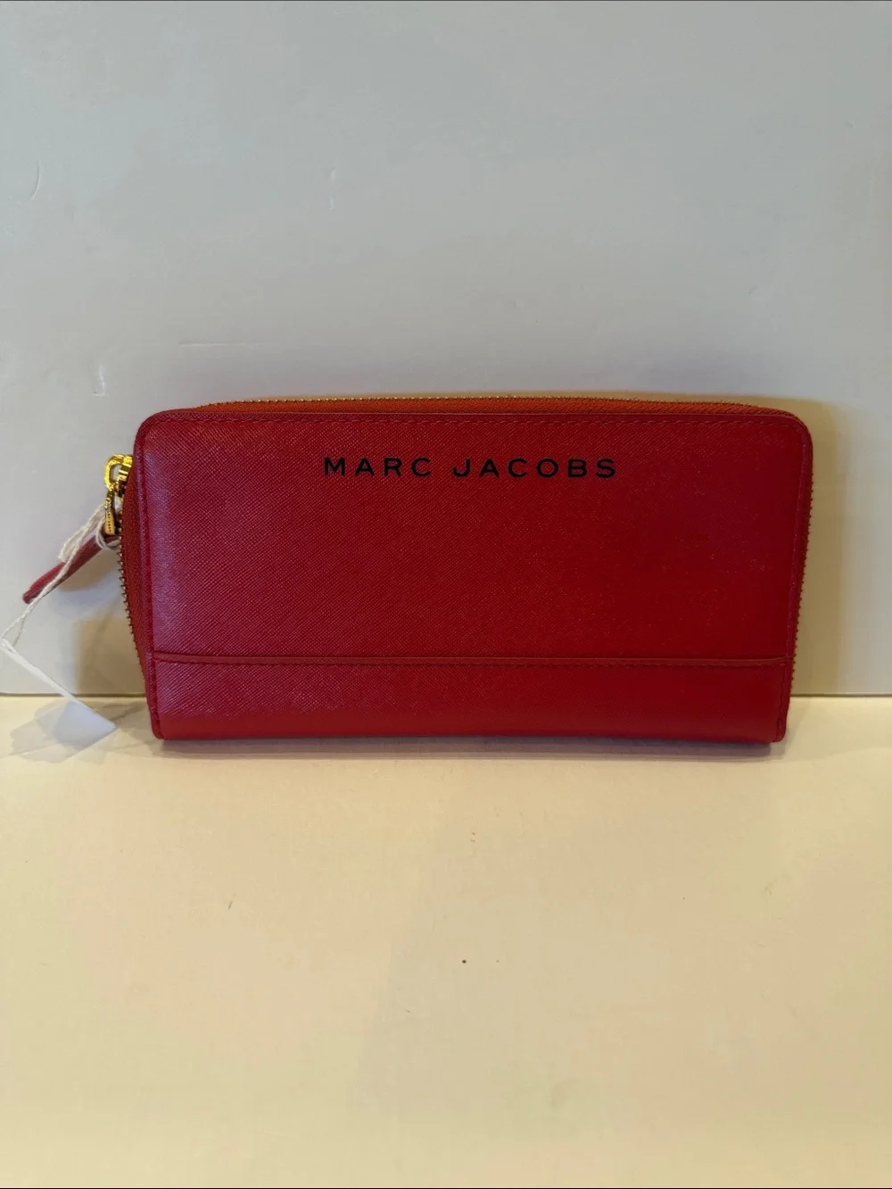 Marc Jacobs Red Saffiano Zip Wallet with Gold Hardware