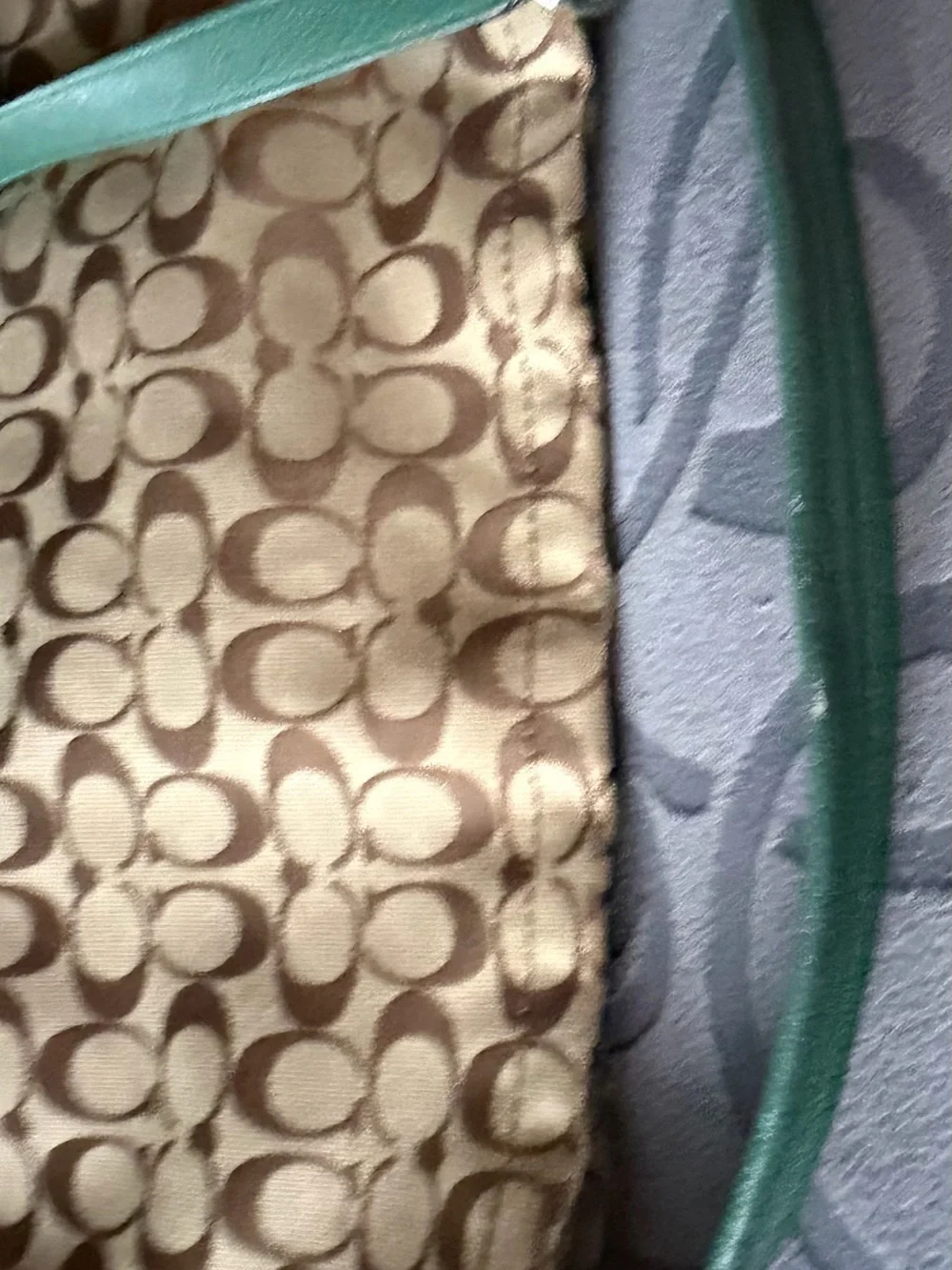 Coach Beige Signature Canvas with Green Leather Hobo Bag