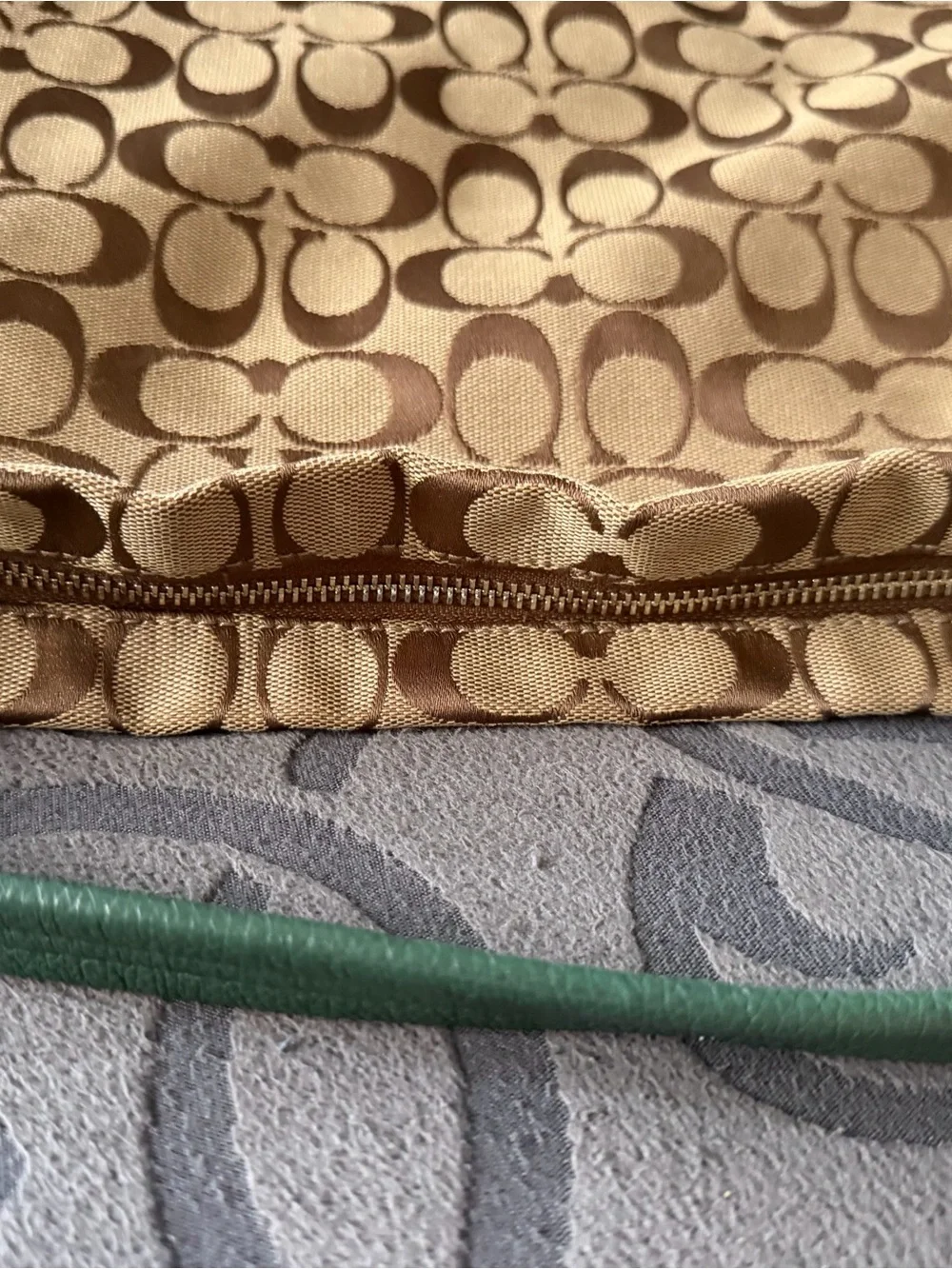 Coach Beige Signature Canvas with Green Leather Hobo Bag