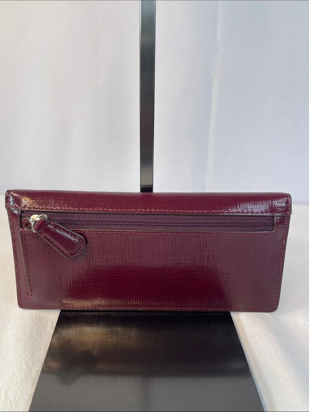 Coach Burgundy Patent Crossgrain Leather Checkbook Wallet Long Bifold Zip Wallet