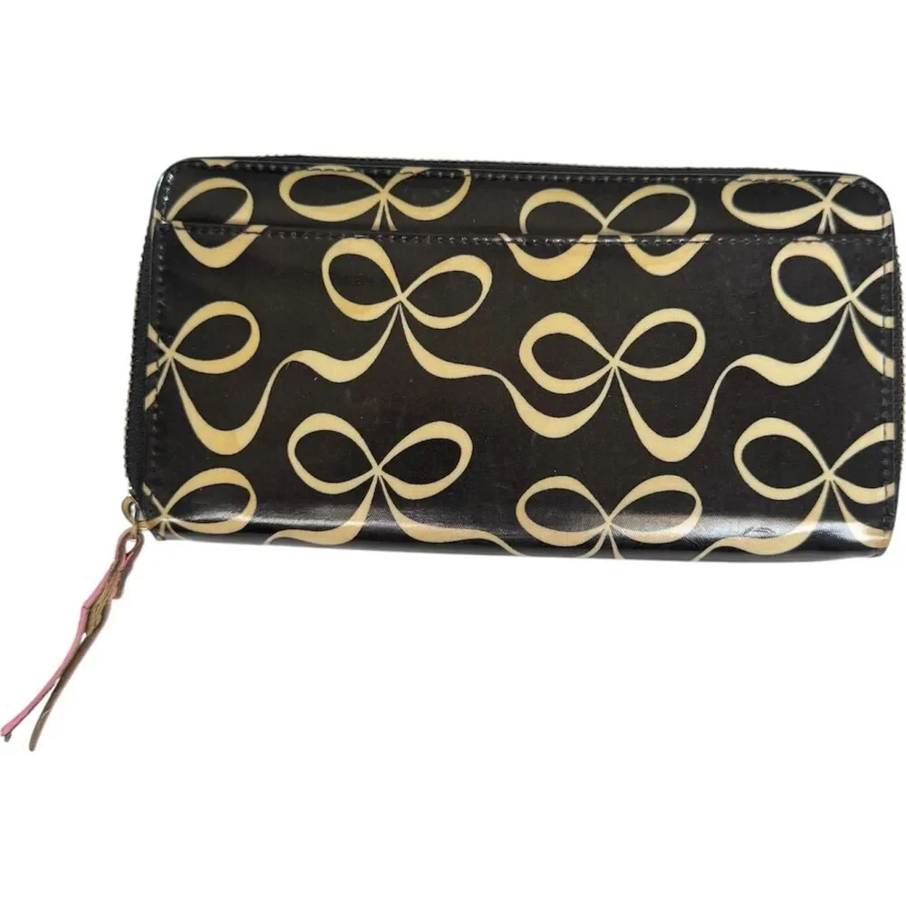 Kate Spade Neda Daycation Zip Around Wallet in Black & Cream Bow Ribbon Pattern