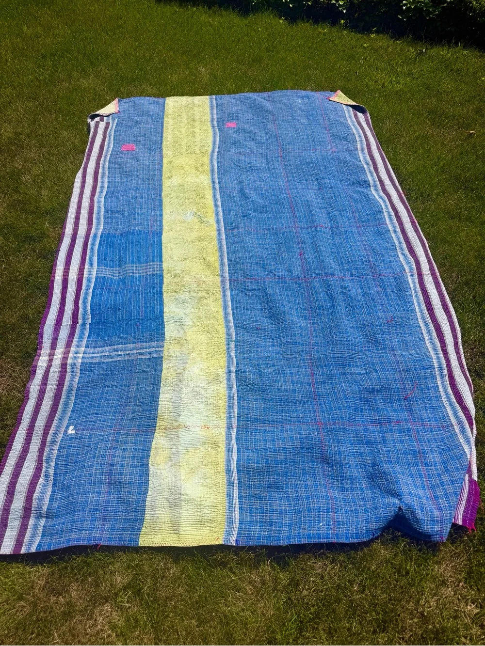Handwoven Blue and Lime Kantha Throw with Pink Patches