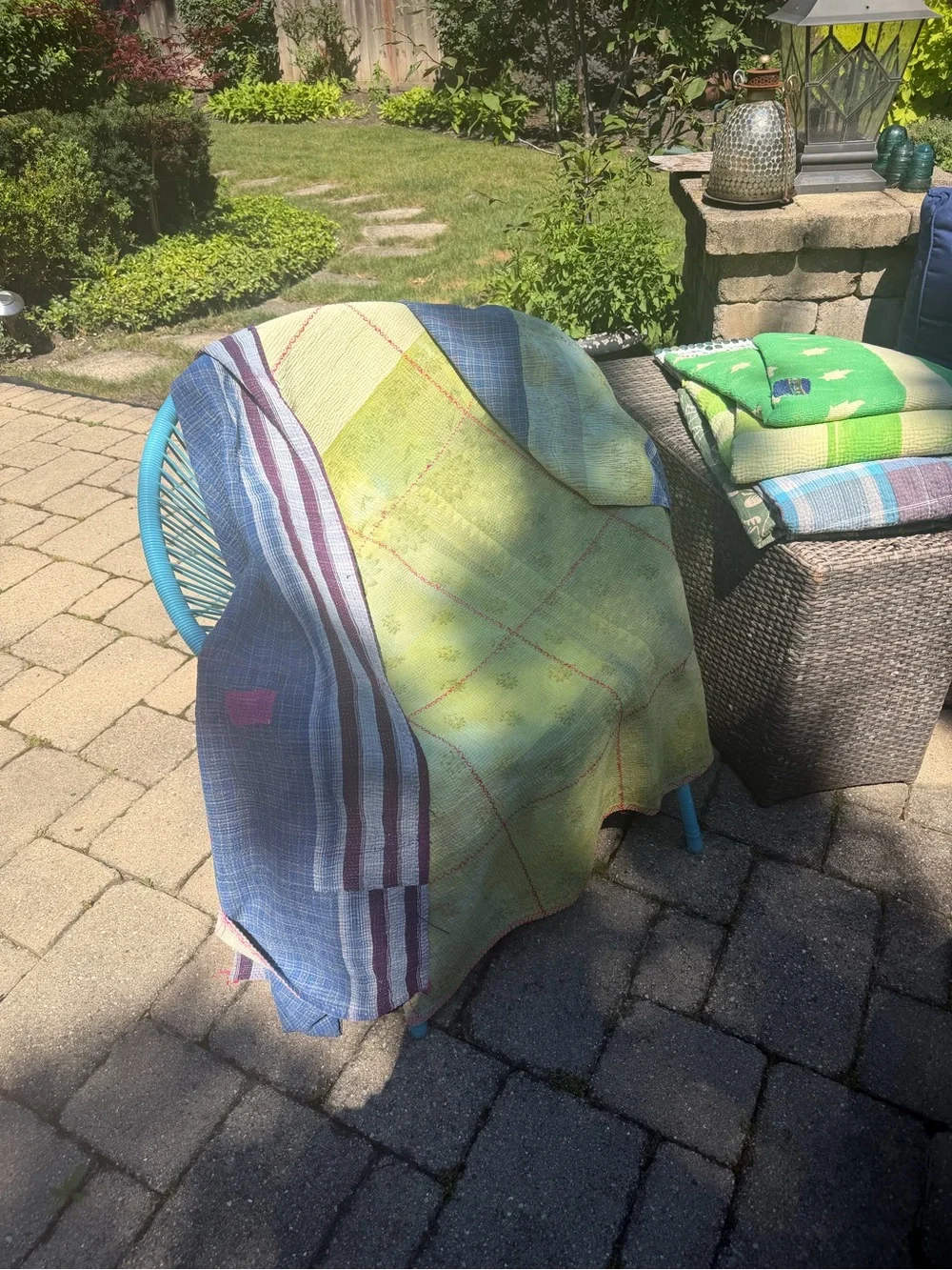 Handwoven Blue and Lime Kantha Throw with Pink Patches