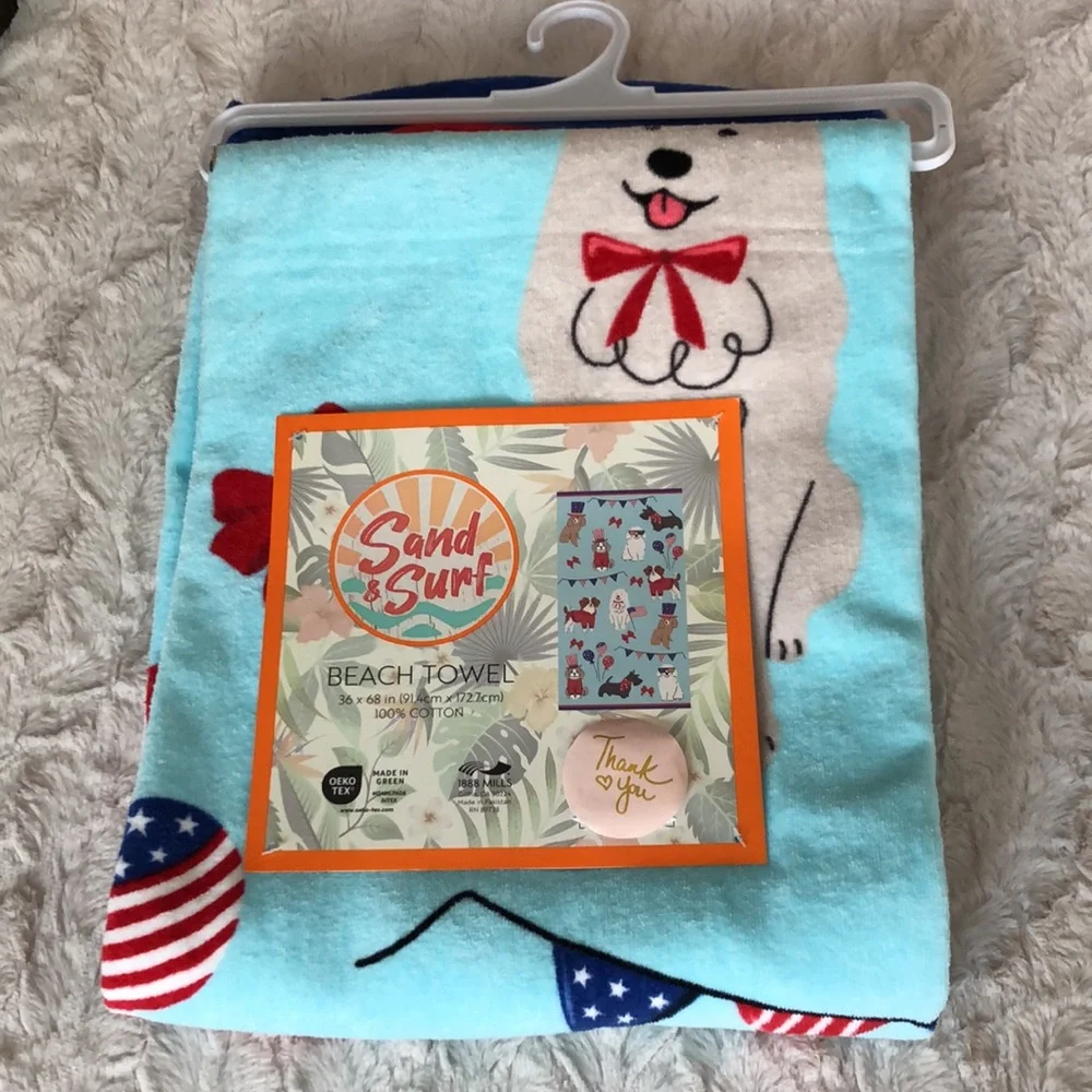 Sand & Surf Light Blue Beach Towel with Patriotic Dog Print