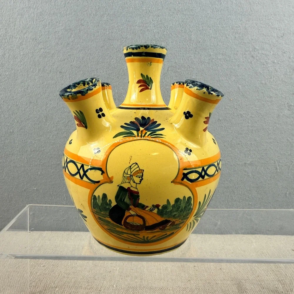 Vintage HenRiot Quimper France 5-Finger Tulip Vase Yellow Floral Quintal‎